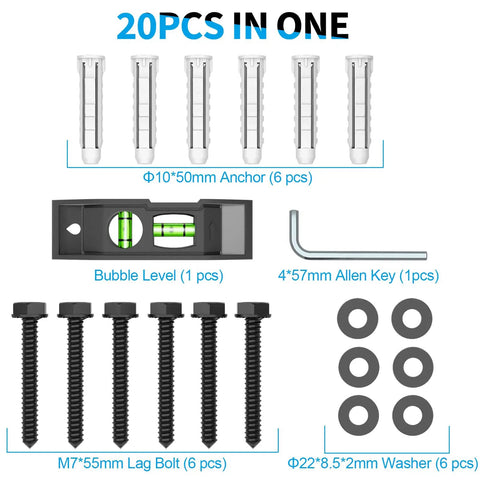 TV Wall Mount Hardware Kit with M7 Lag Bolts, Wall Anchors, Washers, Allen Key, and Bubble Level for Easy Install