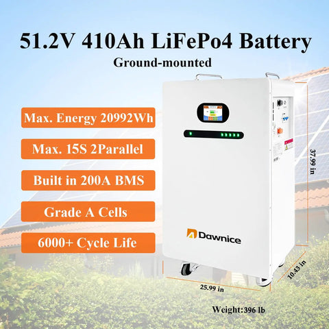 Kickass 22KW Off Grid Solar Power System Total Loadout With 21KWH LiFePO4 Battery Bank, 51.2V 410Ah LiFePO4 battery, ground-mounted, durable design.