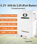 Heavy Duty Plug And Play Solar Powerhouse With 21Kwh LiFePO4 Battery And 16 Bifacial Panels To Power Your Entire Cabin Or Homestead Setup With Integrated MPPT Controller And 10Kw Inverter For Solid Daily Backup - 51.2V 410Ah ground-mounted lithium battery with display.