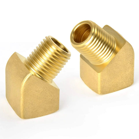 Two Pack 45 Degree Street Elbow Brass Pipe Fittings Half Inch NPT Female To Half Inch NPT Male Heavy Duty Brass Beefy Threads