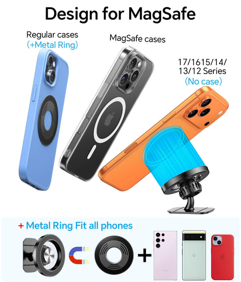Kaistyle MagSafe car mount with 20 magnets; blue dash-mount magnetic holder for iPhone with MagSafe cases
