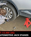 Mechanic using 6 Ton Heavy Duty Automotive Jack Stands Pair For Garages And Shops, Steel Car Lifting Stands, red, side view.