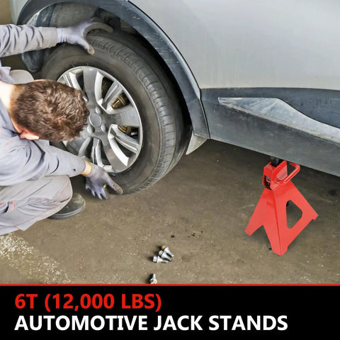 Mechanic using 6 Ton Heavy Duty Automotive Jack Stands Pair For Garages And Shops, Steel Car Lifting Stands, red, side view.