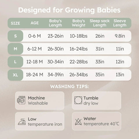 Baby Sleep Sack For Infants 6 To 12 Months 1 Tog Long Sleeve Wearable Blanket Organic Cotton size chart and washing tips.