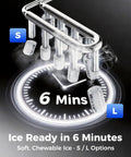 Portable Countertop Ice Maker That Cranks Out Bullet Ice In 6 Minutes, showing ice cycles with S and L size options.