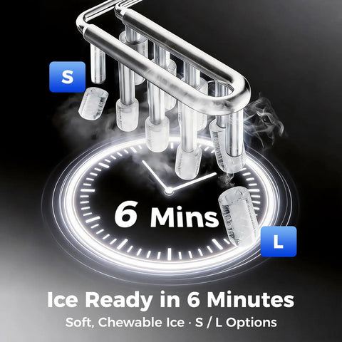 Portable Countertop Ice Maker That Cranks Out Bullet Ice In 6 Minutes, showing ice cycles with S and L size options.