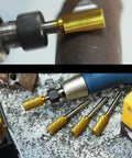 Five Piece Tungsten Carbide Burr Set TiN Coated Double Cut 1/4 Inch Shank 1/2 Inch Cutter in use with die grinder