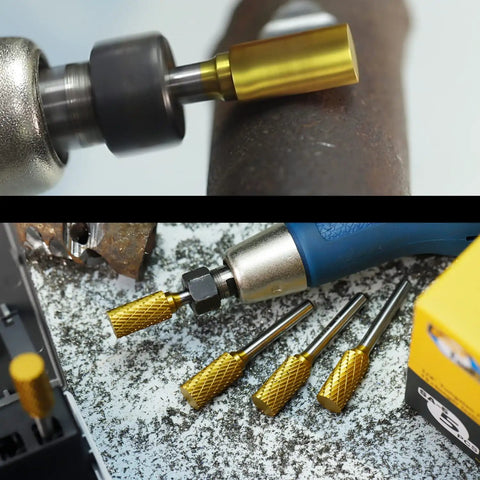 Five Piece Tungsten Carbide Burr Set TiN Coated Double Cut 1/4 Inch Shank 1/2 Inch Cutter in use with die grinder