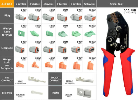 Pro Grade Deutsch DT Connector Kit With Ratcheting Crimper For Automotive Wiring, 216 Piece Set components overview