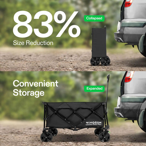 Heavy Duty Collapsible Folding Wagon With 350 Lb Haul Capacity collapsed and expanded near car for easy storage