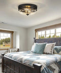 Rustic Seeded Glass Shade Black Flush Mount Ceiling Light 2 Light Fixture for Bedroom Modern Farmhouse Style