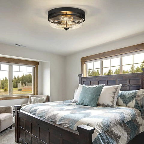 Rustic Seeded Glass Shade Black Flush Mount Ceiling Light 2 Light Fixture for Bedroom Modern Farmhouse Style