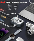 Heavy Duty 200W Car Power Inverter With Four USB Ports And AC Outlet Plug for laptops, phones, and CPAP machines on a table.