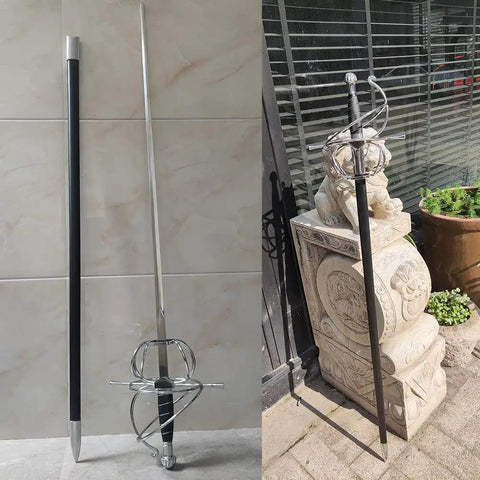 Renaissance Spiral Swept-Hilt Rapier Sword For Cosplay And Collection, 45.7 Inch With Scabbard, displayed vertically indoors and outdoors.