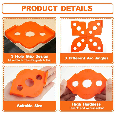 Four Pack Router Corner Radius Templates Set With ABS Hard Jig Guides For Woodworking, Includes Radii R5 R10 R15 R20 R25 R30 R35 R40, Orange Finish, Durable Routing Bits