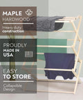 Badass Professional Grade Solid Maple Clothes Drying Rack heavy duty collapsible air dryer with clothes displayed.