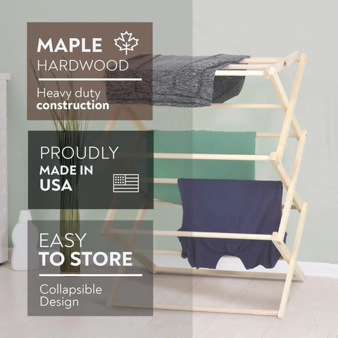 Badass Professional Grade Solid Maple Clothes Drying Rack heavy duty collapsible air dryer with clothes displayed.