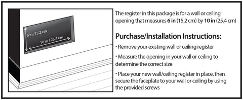 Scroll Design Wall Ceiling Register 6x10 Textured Black Powder Coated Finish installation guide with dimensions displayed