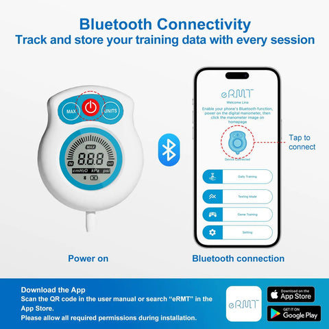 Digital Lung Trainer With App And Bluetooth, 6 Level Inhale Resistance device shown on phone screen for connectivity