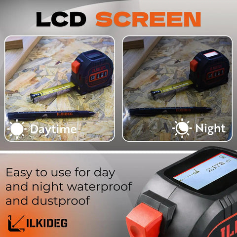 4-In-1 Digital Laser Tape Measure Multitool Pen With 196ft Laser Range And 16ft Tape Crosshair Line Laser Level Area Volume Pythagorean Calculator Handy Woodworking D I Y E D C Tool For Pros And Home Projects LCD screen shown in daytime and night modes