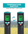 Pro Grade Soil EC Meter 2 In 1 Temperature Tester With Corded Sensor Backlit LCD Display showing soil EC and temperature readings