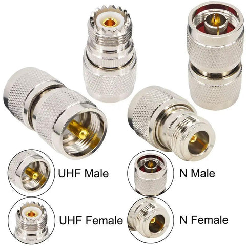 4 Piece N To UHF Adapter Kit N Male To PL 259 SO 239 Connectors for CB Ham Radio antenna hookups on white background
