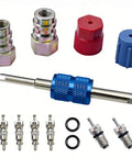 R12 To R134A AC Retrofit Fitting Adapter Kit with high low port conversion adapters, cores, and caps for refrigerant DIY upgrade