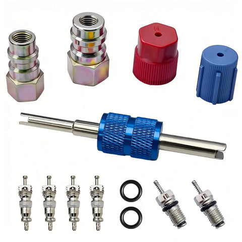 R12 To R134A AC Retrofit Fitting Adapter Kit with high low port conversion adapters, cores, and caps for refrigerant DIY upgrade