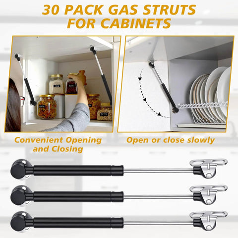 30 Pack 10 Inch Gas Struts For Cabinets And Doors With Soft Open Pneumatic Lift For RV Boat Hatch Furniture Lids 100N 22.5lb Heavy Duty Props Includes 29mm Mounts And 49 By 13 Mm Brackets installed in a cabinet