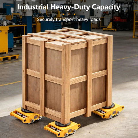 Badass Heavy Duty Moving Skates With 360 Degree Swivel And Non Slip Pads Rock Solid Carbon Steel Equipment Rollers For Factory And Warehouse Workloads Smooth Ride Load Movers Set Of Four under a large wooden crate.