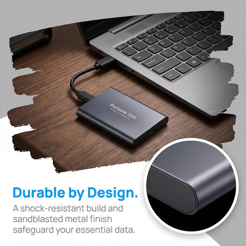 Beefy 4TB Portable SSD USB-C External Solid State Drive Metal Build for laptops with ultra-fast data transfer connected to a laptop.