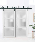 Lucia 2552 Interior Barn Bypass Sliding Doors With Frosted Glass And Solid Wood 84 By 96 Inches White, in a modern room setting