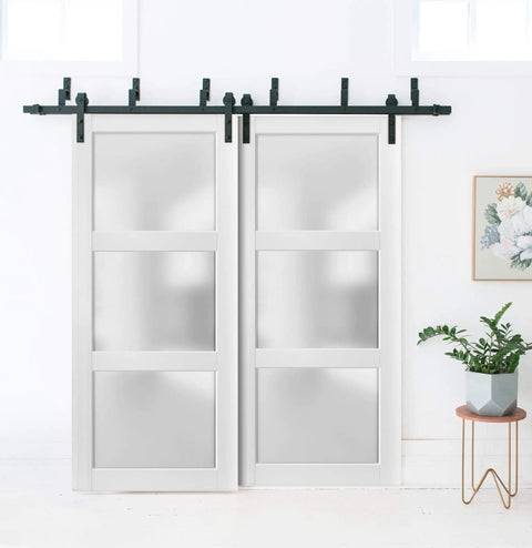 Lucia 2552 Interior Barn Bypass Sliding Doors With Frosted Glass And Solid Wood 84 By 96 Inches White, in a modern room setting