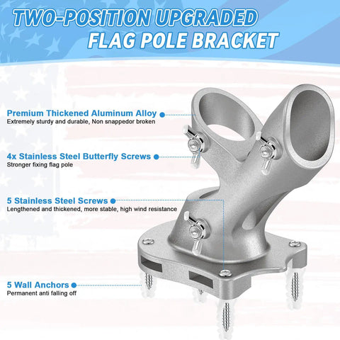 1 Inch Flag Pole Holder For Outdoor House Use, Heavy Duty Aluminum 2 Position Flag Pole Bracket Mount With 3 Fixed Holes