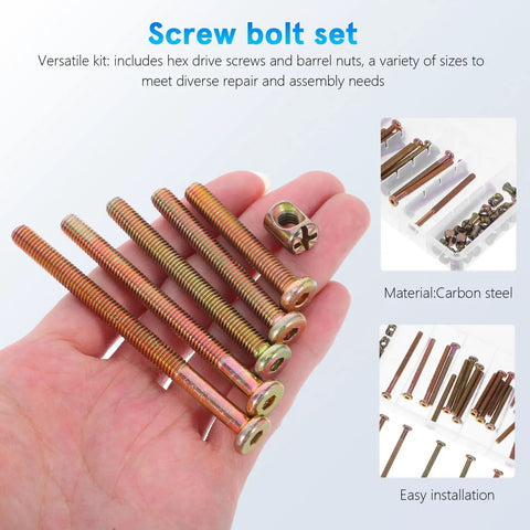 Hand holding 49 Piece M6 Socket Head Cap Screws 40 To 80 Mm And Barrel Nut Assortment Kit for furniture assembly