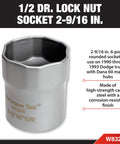 Two And Three Eighths Inch Six Point Rounded Lock Nut Socket One Half Inch Drive For Dodge Dana Sixty Manual Hubs Beast Tough Heavy Duty Steel Easy Wheel Bearing Locknut Removal And Installation Durable Automotive Socket Tool with text overlay