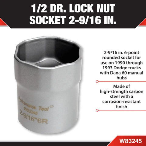Two And Three Eighths Inch Six Point Rounded Lock Nut Socket One Half Inch Drive For Dodge Dana Sixty Manual Hubs Beast Tough Heavy Duty Steel Easy Wheel Bearing Locknut Removal And Installation Durable Automotive Socket Tool with text overlay