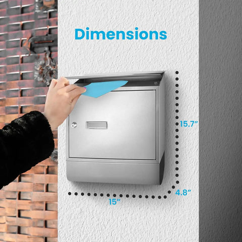 Locking Wall Mount Mailbox Built To Last, Weatherproof Steel With Secure Key Lock being accessed, showing dimensions on wall