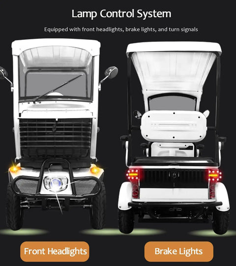 White 4 Passenger Electric Golf Cart Scooter With 1200W Brushless Motor And 60V 37AH Lithium Pack, front and rear lamp control system features.