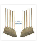 Reliable Workhorse Warehouse Brooms Crafted With Heavy Duty Corn Fiber Bristles For Ridiculously Fast Dust Removal Along With A Balanced Fifty Six Inch Overall Length To Keep Any Commercial Floor Looking Crisp Without Breaking A Sweat Daily - Set of 12 brooms with corn fiber bristles and wooden shafts.