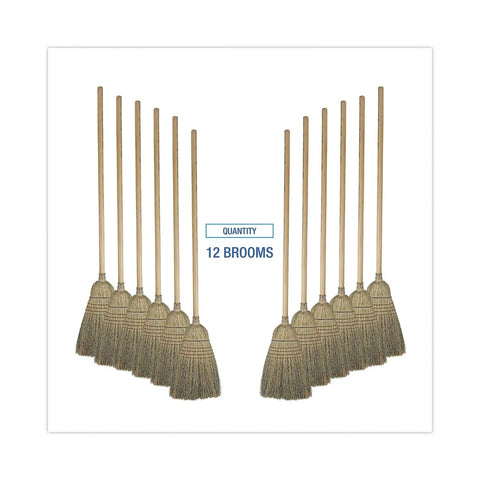 Reliable Workhorse Warehouse Brooms Crafted With Heavy Duty Corn Fiber Bristles For Ridiculously Fast Dust Removal Along With A Balanced Fifty Six Inch Overall Length To Keep Any Commercial Floor Looking Crisp Without Breaking A Sweat Daily - Set of 12 brooms with corn fiber bristles and wooden shafts.