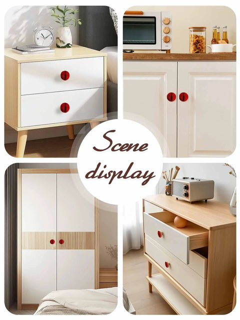 Top Shelf 2 Piece Cabinet Knobs Measuring 1.6 Inch Tall Featuring A Dope Red Matte Finish Crafted From Solid Beech Wood With A Sweet Abstract Graphic Pattern Offering Hella Sturdy Performance For Modern Kitchen Hardware on furniture.