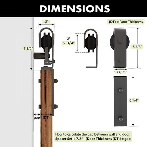 108 Inch Black Rustic Bi Folding Sliding Barn Door Hardware Kit For Four Doors Heavy Duty Quiet Operation Easy To Install Front Mount With Adjustable Spacers Fits Door Thickness 1 Inch To 1 3 8 Inch Hardware Only Door Not Included; diagram showing dimensions and components.