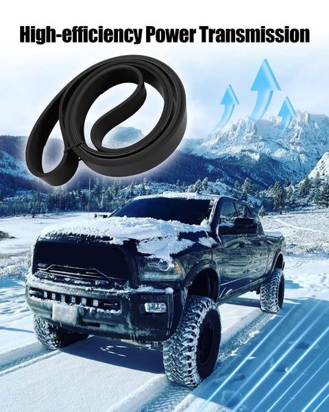 Heavy Duty Serpentine Drive Belt For Dodge Ram 2500 And 3500 Trucks 1994-2002 With 5.9L V8 Engine Replaces K080810HD And 8PK2058HD on snowy terrain.