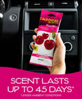 Power Bloc Car Air Freshener Coronado Cherry Scent With Biodegradable Fiber Pad And Up To 45 Day Longevity Eco Friendly Design For A Fresh Ride Made In The USA, held in car interior