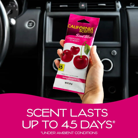 Power Bloc Car Air Freshener Coronado Cherry Scent With Biodegradable Fiber Pad And Up To 45 Day Longevity Eco Friendly Design For A Fresh Ride Made In The USA, held in car interior