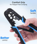 Hand holding RJ45 Crimp Tool With Built In Wire Cutter And Stripper Pro Grade Ethernet Crimper showing comfort grip and soft handles