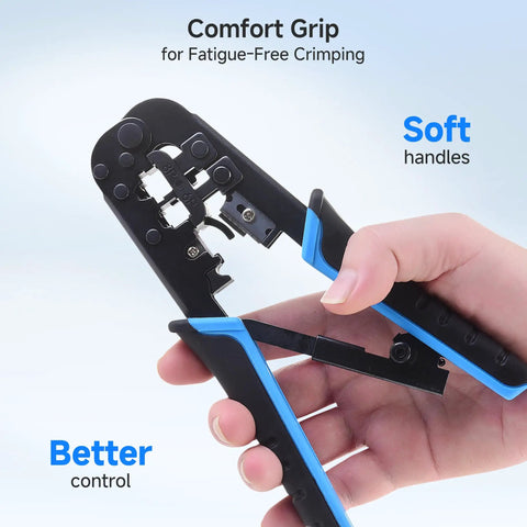 Hand holding RJ45 Crimp Tool With Built In Wire Cutter And Stripper Pro Grade Ethernet Crimper showing comfort grip and soft handles