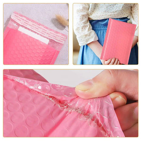 Pink Bubble Mailers 100 Pack 12x18 And 4 Inch Thickened Self Sealing Shipping Envelopes close-up of texture and use