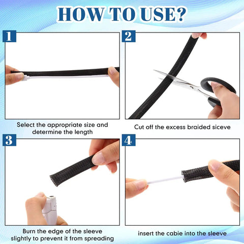 How to use Tough As Nails Braided Cable Protector Sleeving: select size, cut, burn edges and insert cables.